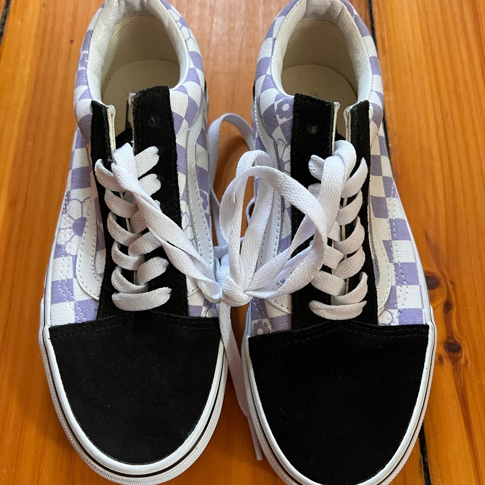 Purple Floral Checkered Lace Up Vans Skateboard Sneakers Kids New